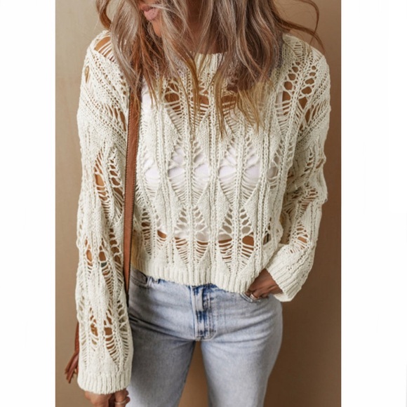 Cream Crochet Loose Fit Sweater - Picture 4 of 12